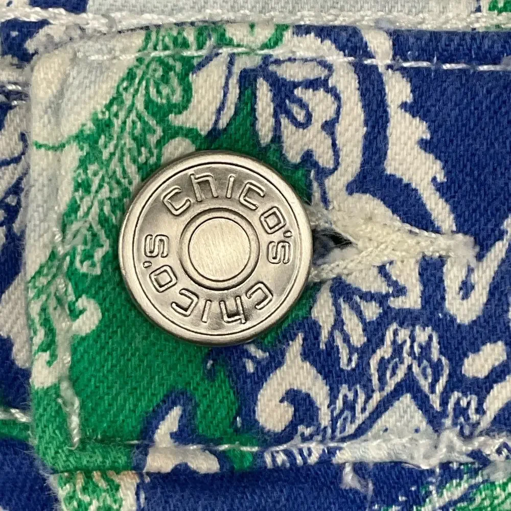 CHICOS Platinum Mykonos Scarf Crop Jeans Paisley Print Blue White sz 1 8 10 - Picture 10 of 12